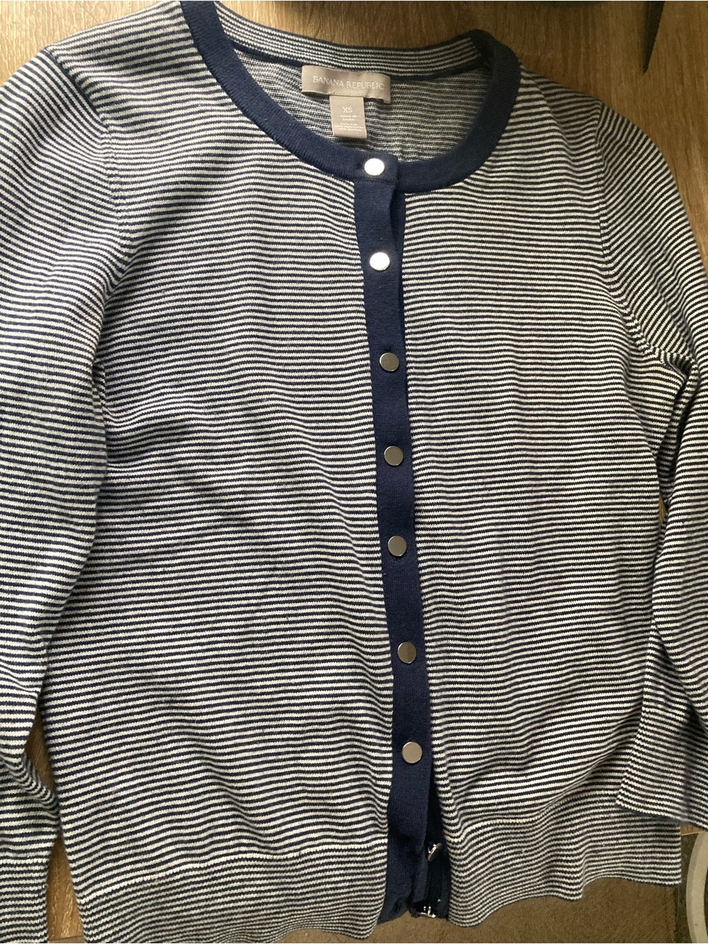 Banana Republic Silk Blend Navy & White Striped Crewneck Cardigan